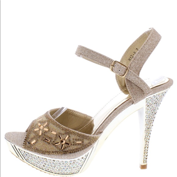 Gold Glitter Bronze Rhinestone Open Mary Jane Heel Pump - Picture 3 of 5
